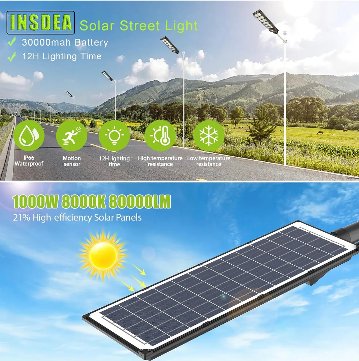 1000W Solar Street Light Motion Sensor, 80000LM IP65 Waterproof with Remote Control