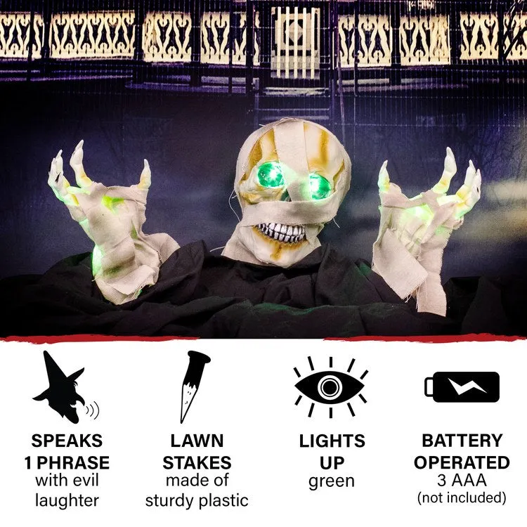 10" Duane the Dead, Talking Mummy Groundbreaker with Flashing Eyes and Hands Outdoor Battery-Operated Halloween Decoration