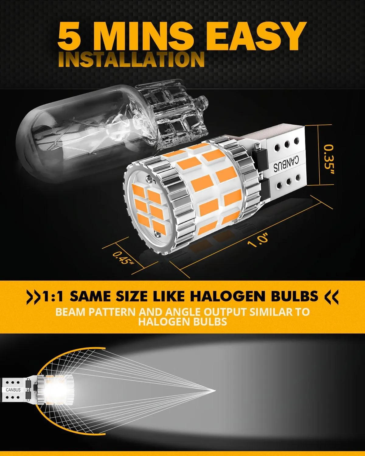 168 2825 W5W T10 LED License Plate/Side Marker/Interior Light Bulbs 3W 400% Brighter Canbus Error Free Amber B1 Series | 2 Bulbs