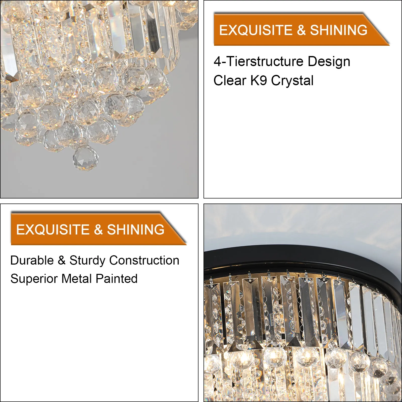 19.7" Luxury Crystal Chandelier Modern Style Crystal Light Black Crystal Ceiling Light