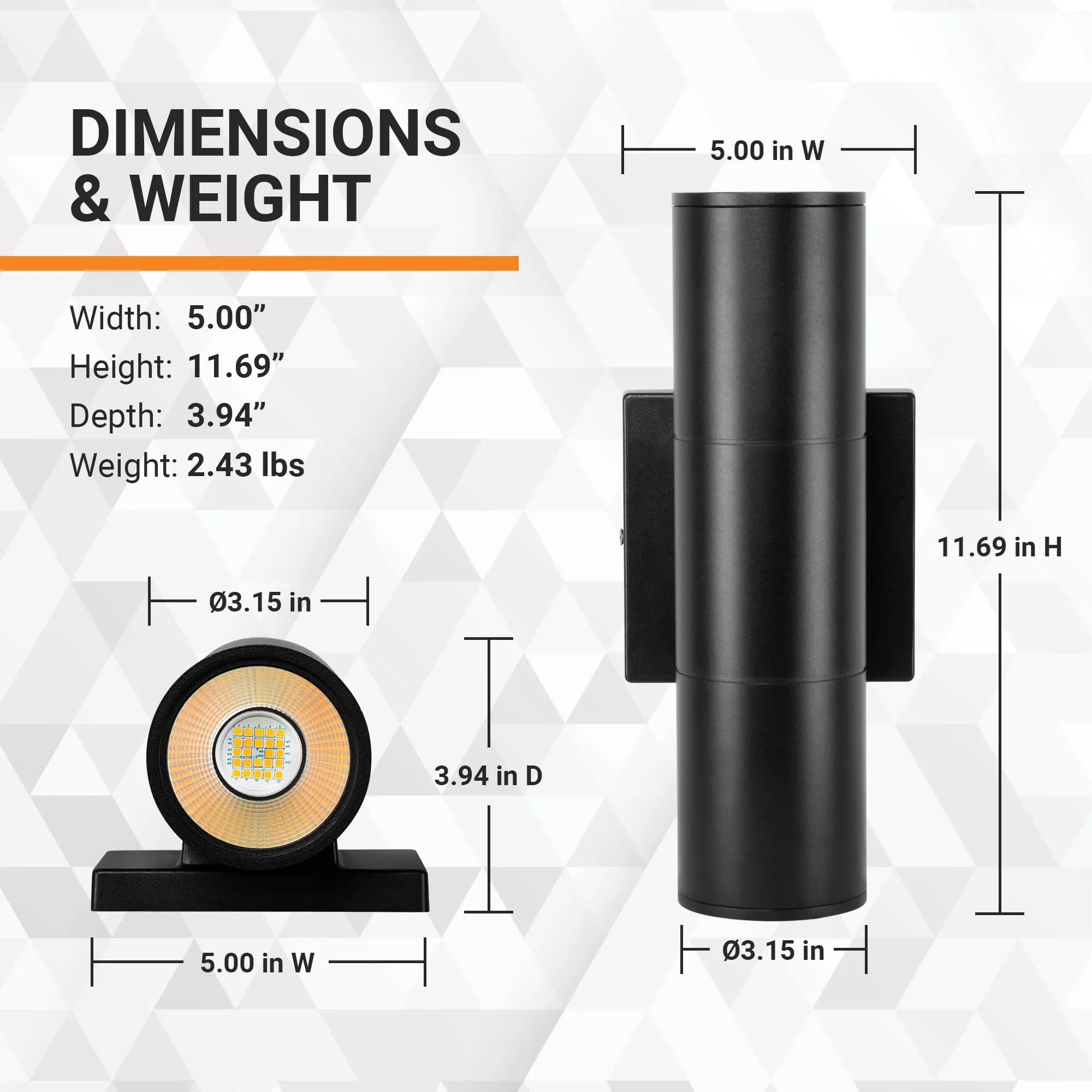 20W Up Down LED Cylinder Wall Light Fixture - 3K/4K/5K CCT - 120-277VAC - Textured Black