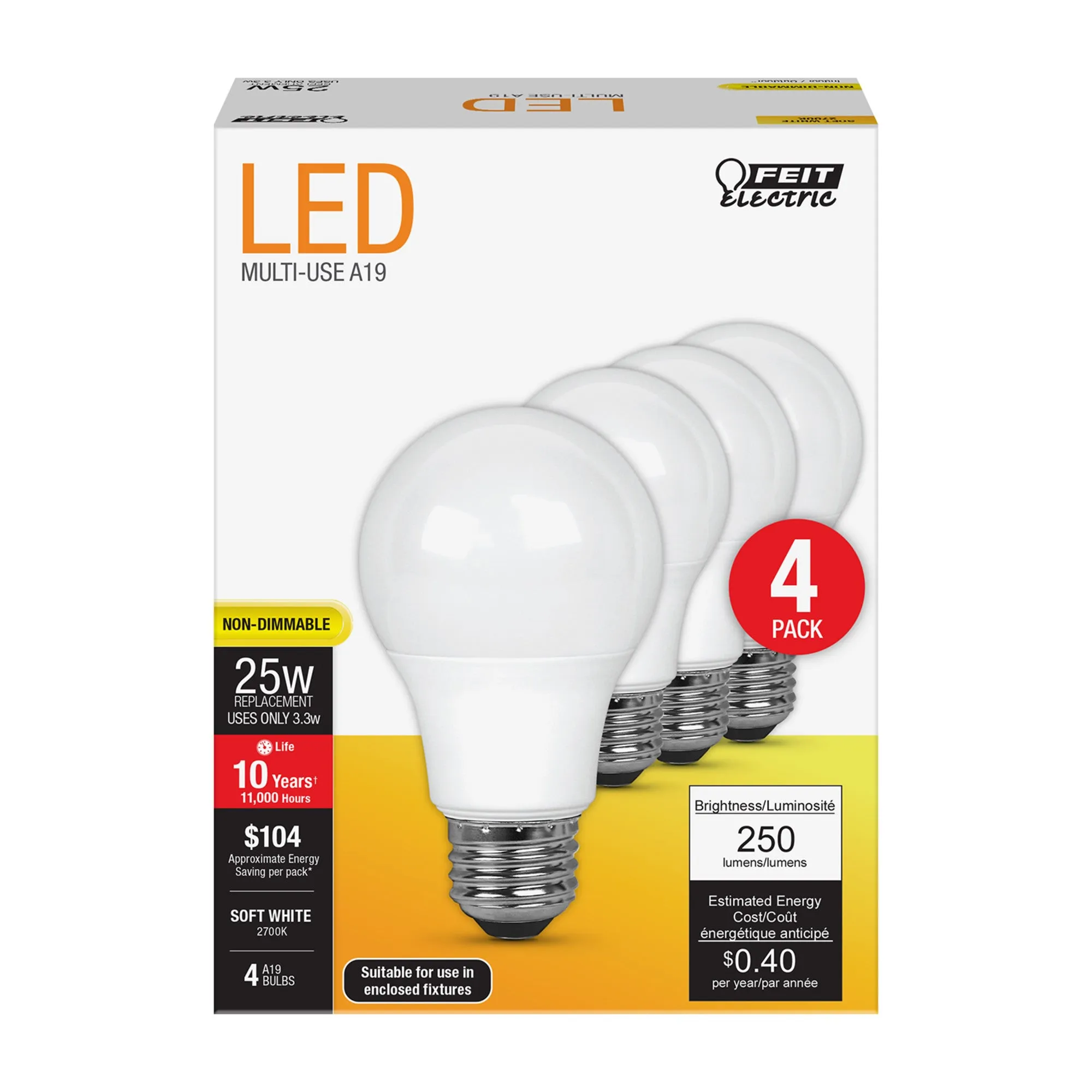 3.3W (25W Replacement) Soft White (2700K) E26 Base A19 LED (4-Pack)