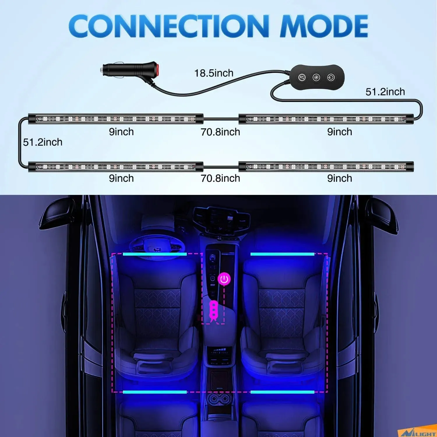 48Leds RGB Interior Light Strip APP Remote Control 4PCS