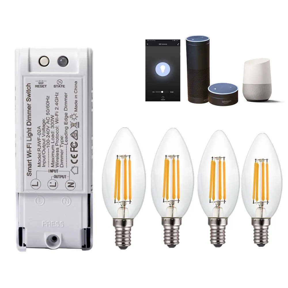4PCS AC220V E14 4W Dimmable COB LED Candle Light Bulb   Smart WiFi Dimmer Light Switch Work With Amazon Alexa