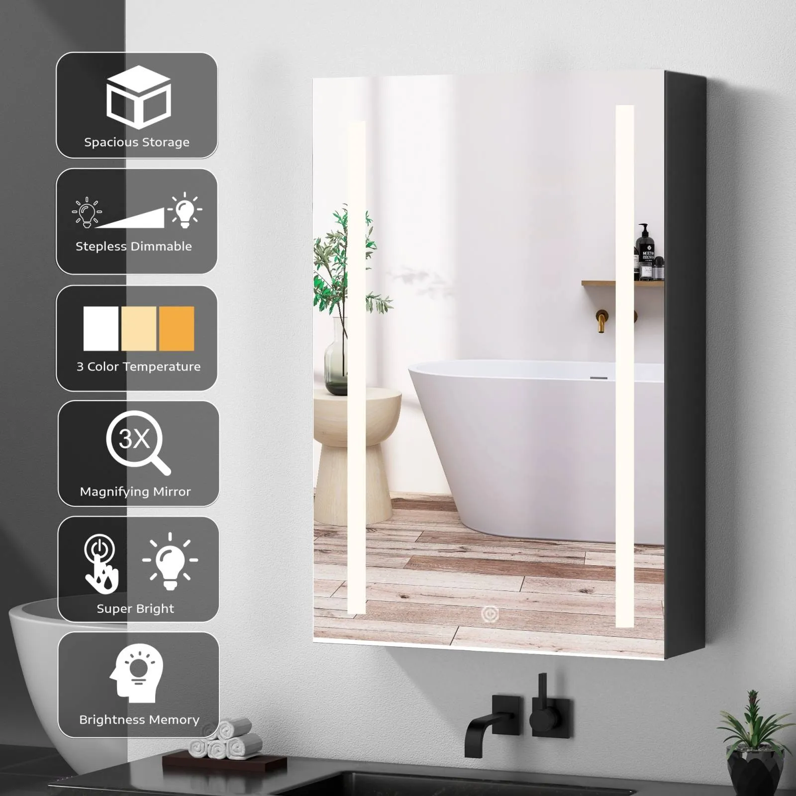 50"x30" Black Double Door LED Medicine Cabinet with Defogging Mirror and Dimmer