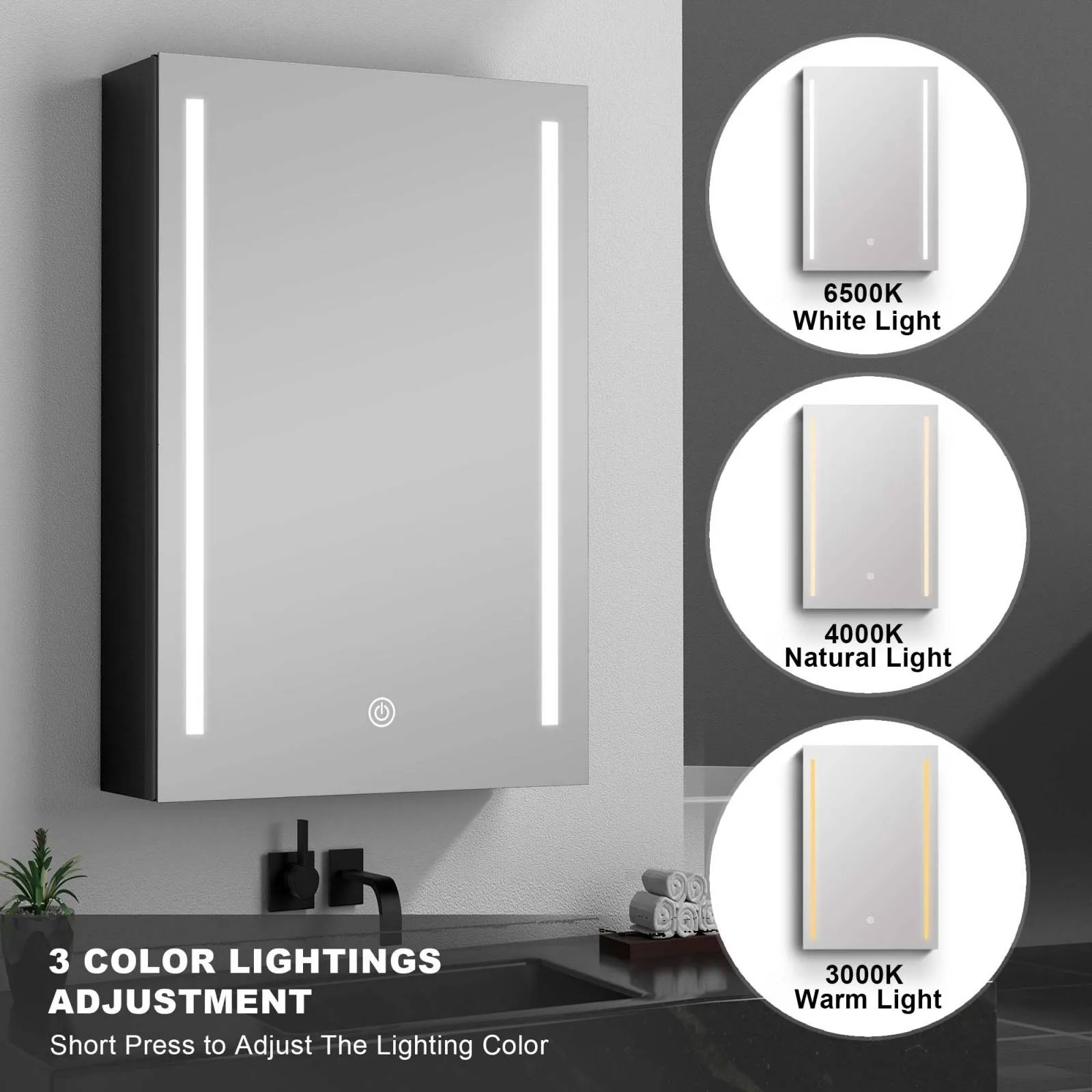 50"x30" Black Double Door LED Medicine Cabinet with Defogging Mirror and Dimmer