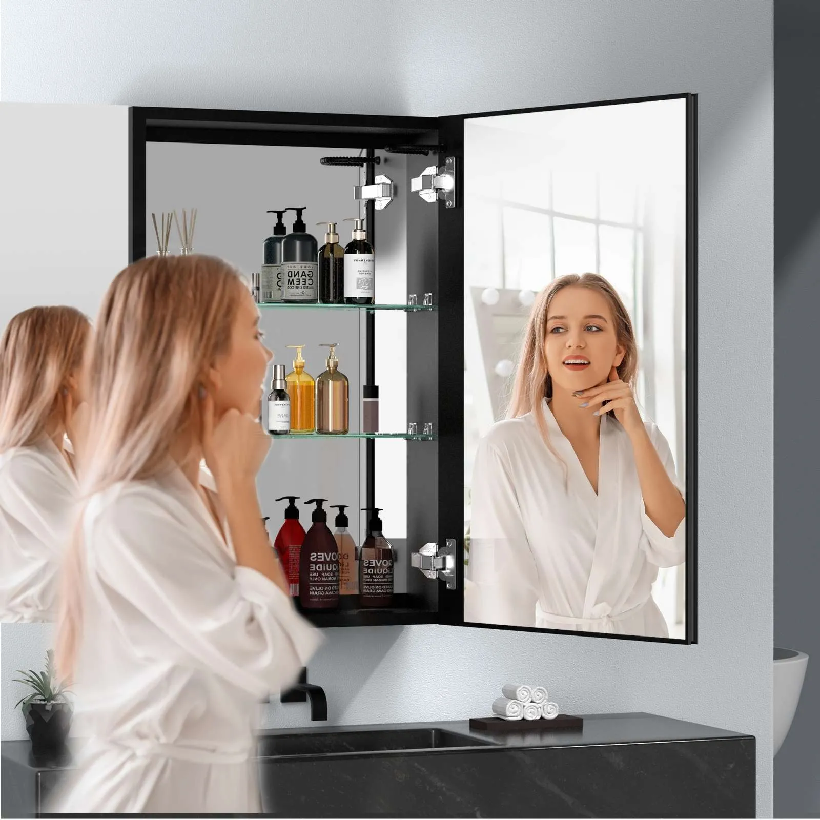 50"x30" Black Double Door LED Medicine Cabinet with Defogging Mirror and Dimmer