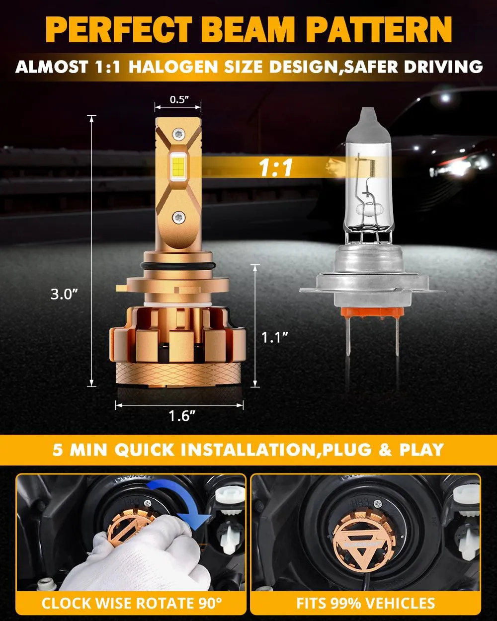9006 LED Headlight Bulbs 70W 18000LM F-16 Plus Series Brightest 6000K Cool White | 2 Bulbs