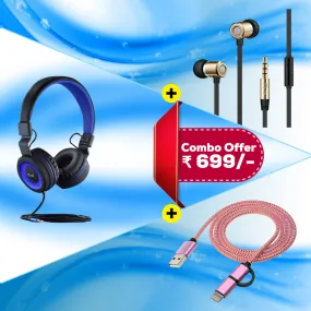 Best Combo Offer PTron Mamba Wired Headphone, Unison Earphone & 2 in 1 Micro USB Charging Data Cable