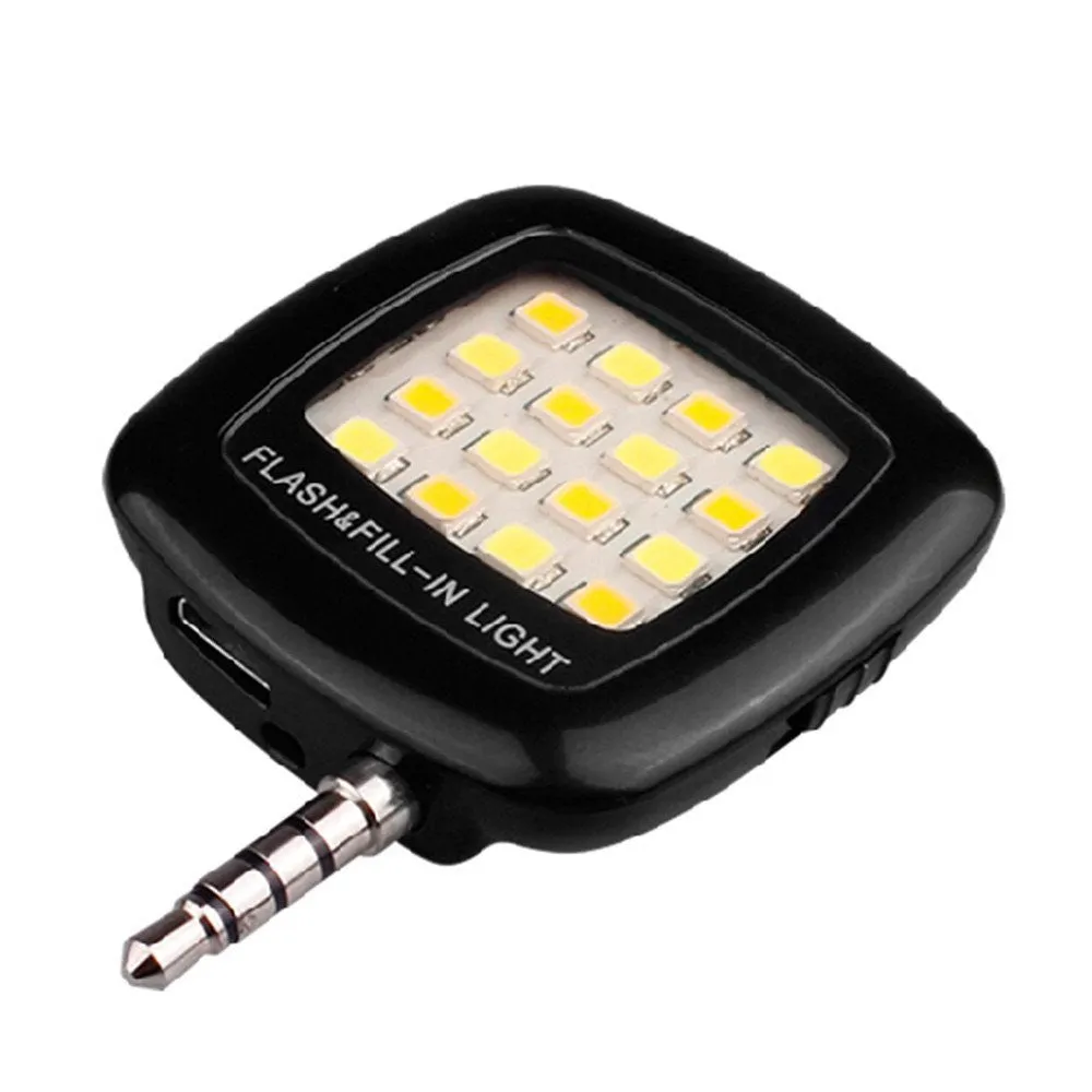 Black 3.5mm 16 LED Selfie Flash Fill-in Light Cellphone Camera Spotlight Portable iphone smartphone