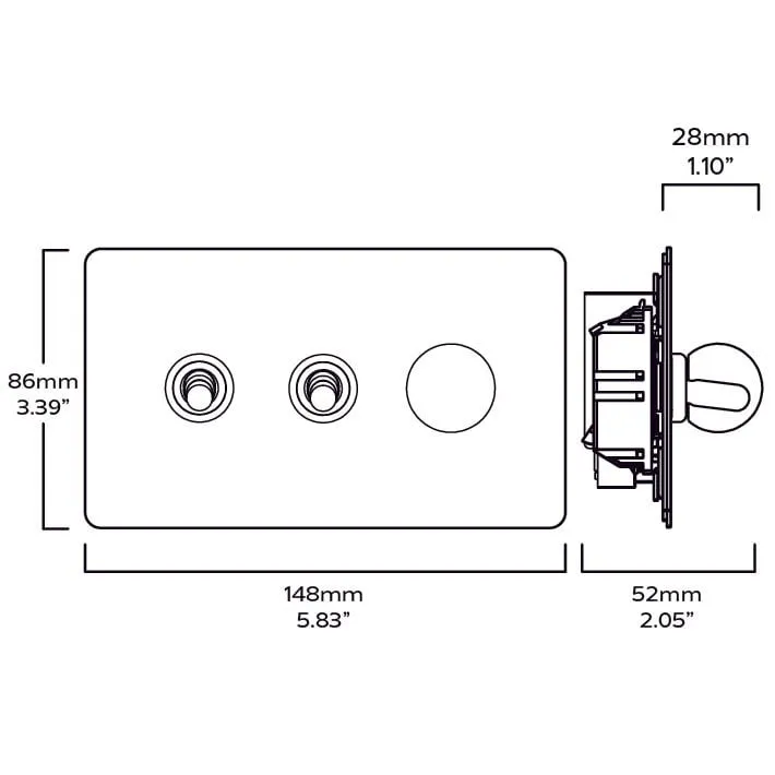 BOBBIN 3G Mixed Light Switch 2 Toggle / 1 Dimmer - Brass