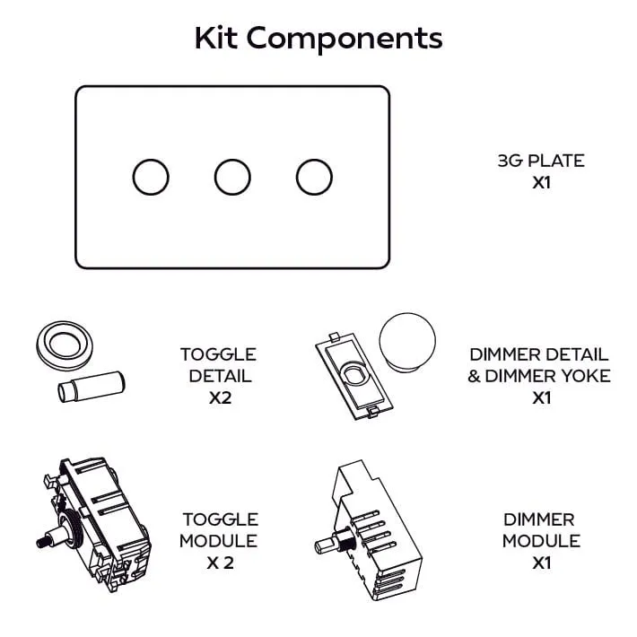BOBBIN 3G Mixed Light Switch 2 Toggle / 1 Dimmer - Brass