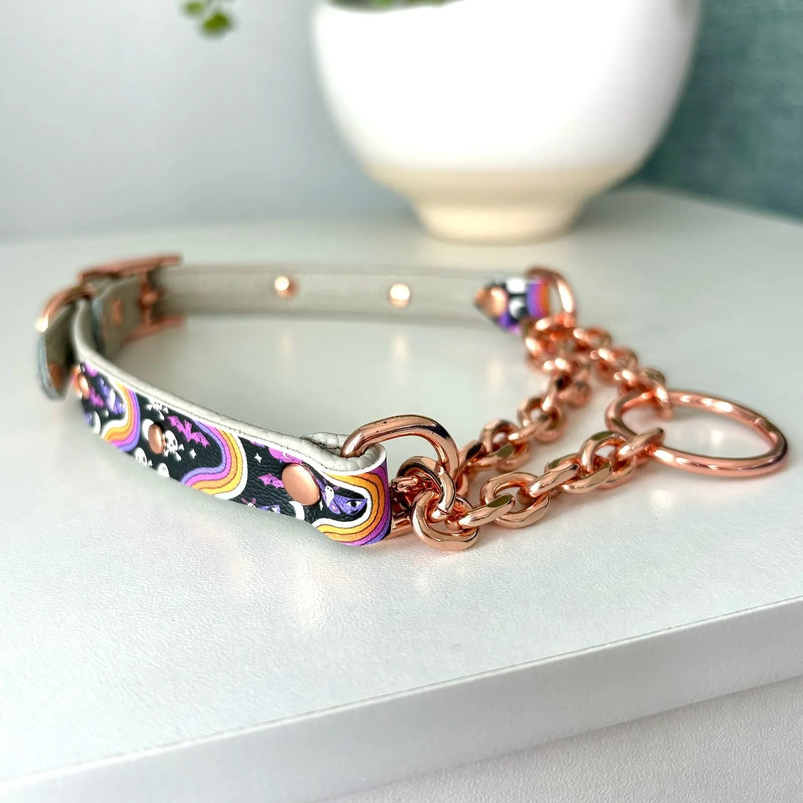 Dove Gray and Rose Gold Halloween Retrowave Martingale BDSM Collar