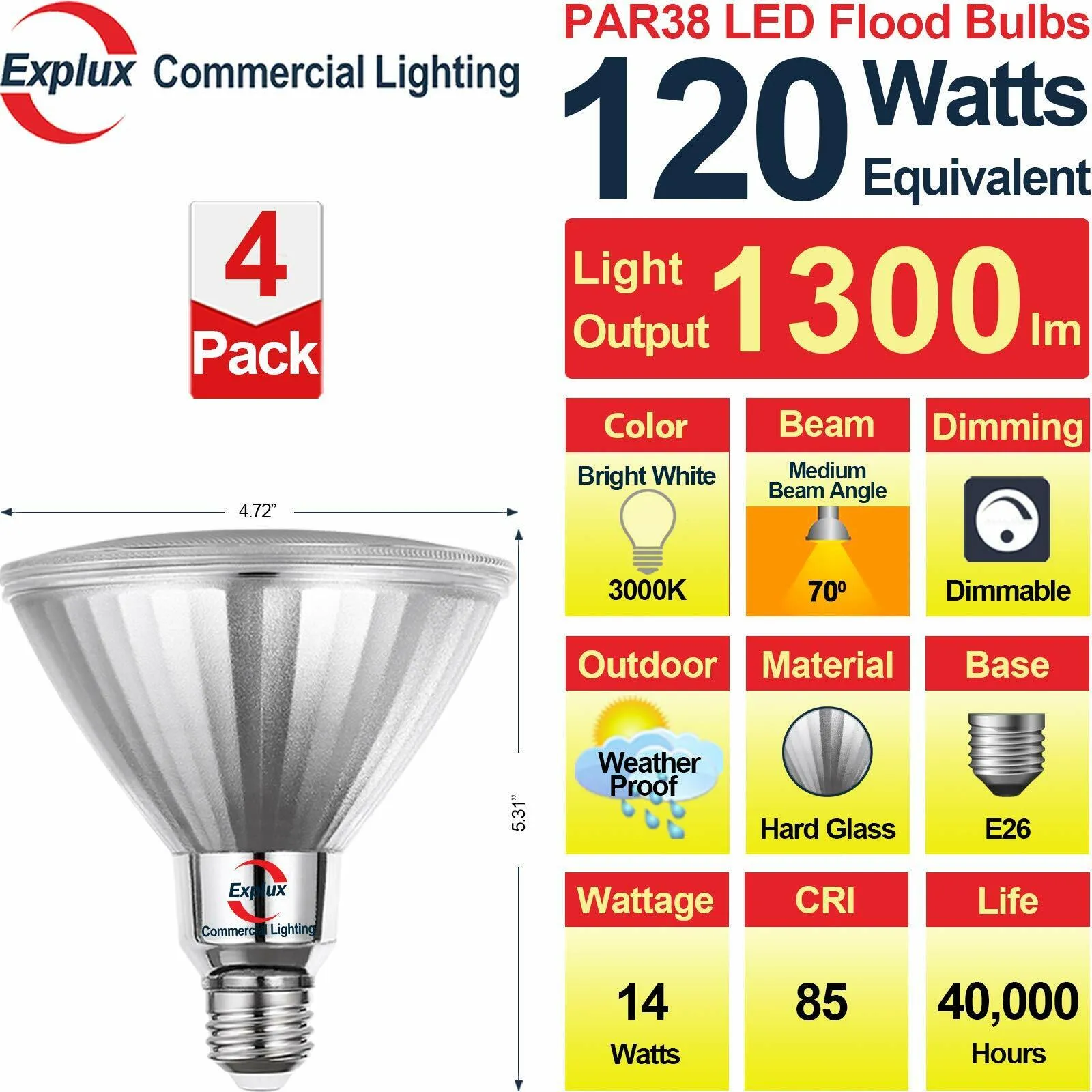 Flood LED Bulb, Dimmable, Weatherproof & Anti-Ageing, Bright White 3000K, 4-Pack