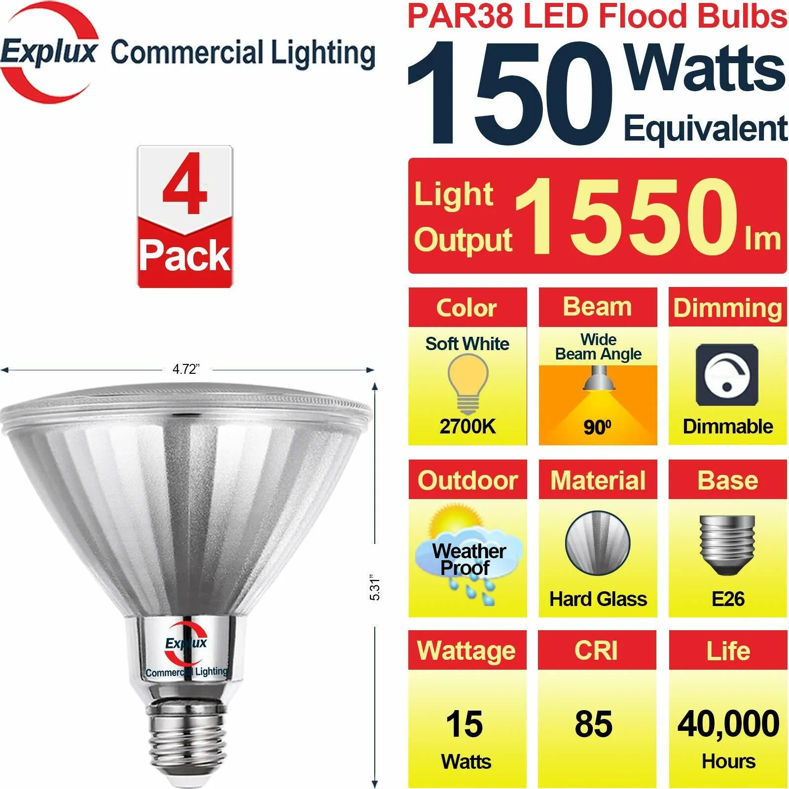 Flood LED Bulb, Dimmable, Weatherproof & Anti-Ageing, Soft White 2700K, 4-Pack