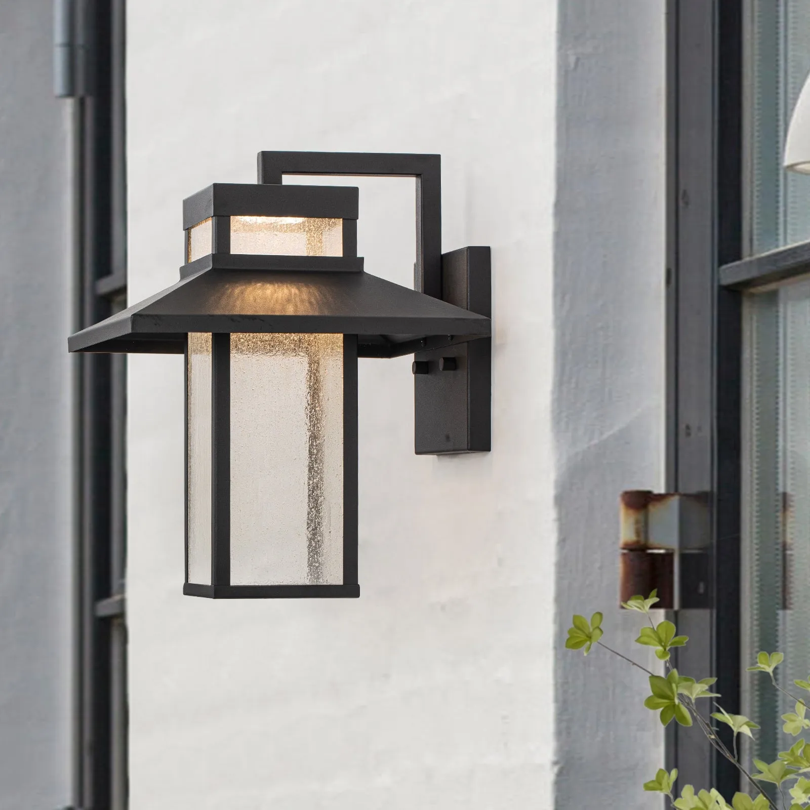 Glowlings 1-Light 13"H Modern Seeded Glass Lantern LED Outdoor Wall Sconce