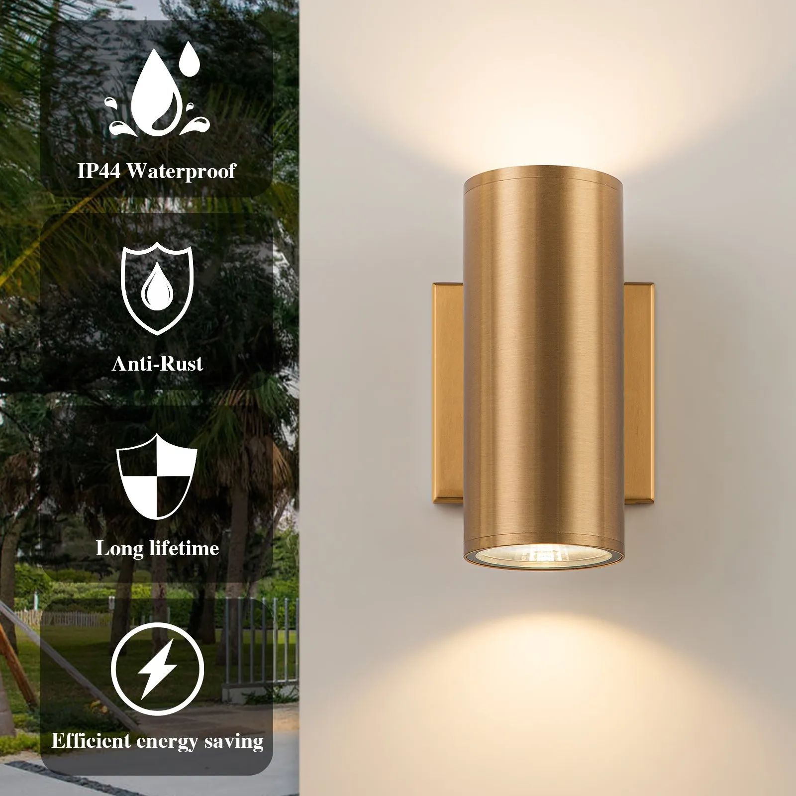 Glowlings 2-Light Modern Gold LED Outdoor Cylinder Armed Wall Sconce