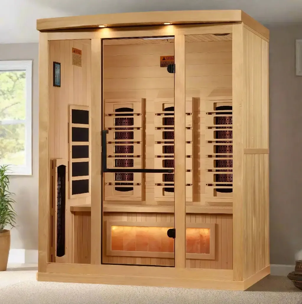 Golden Designs Reserve Edition 3-Person Full Spectrum Near Zero EMF FAR Indoor Infrared Sauna   Red Light Therapy w/ Himalayan Salt Bar | GDI-8030-03