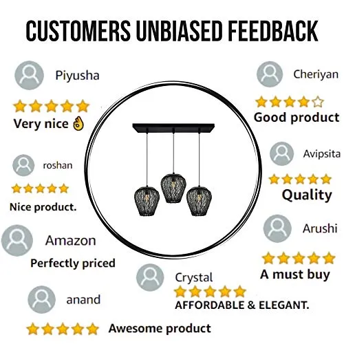 Homesake Retro Style, LED Filament Bulb Chandelier 3 Lights Round Cluster Pendant 60W Black Lamp with Steel Wire Mesh Hanging Light for Living Room, Bedroom