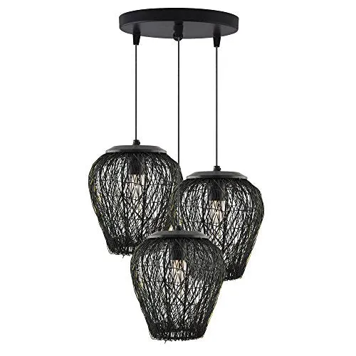 Homesake Retro Style, LED Filament Bulb Chandelier 3 Lights Round Cluster Pendant 60W Black Lamp with Steel Wire Mesh Hanging Light for Living Room, Bedroom