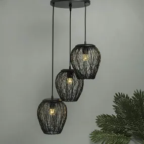 Homesake Retro Style, LED Filament Bulb Chandelier 3 Lights Round Cluster Pendant 60W Black Lamp with Steel Wire Mesh Hanging Light for Living Room, Bedroom