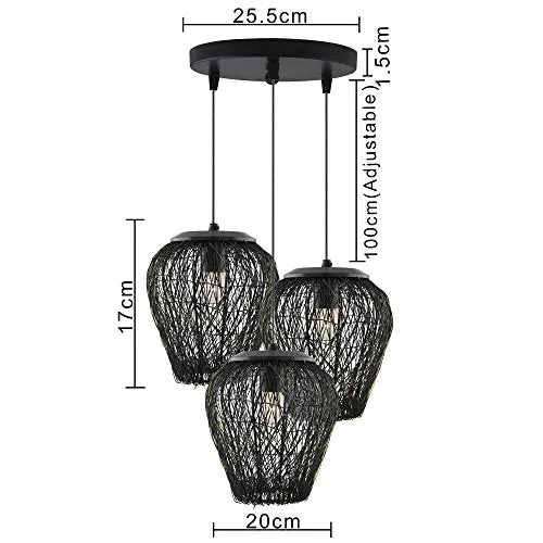 Homesake Retro Style, LED Filament Bulb Chandelier 3 Lights Round Cluster Pendant 60W Black Lamp with Steel Wire Mesh Hanging Light for Living Room, Bedroom