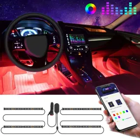Interior Car Lights, Govee Car LED Strip Light Upgrade Two-Line Design Waterproof 4pcs 48 LED APP Controller Lighting Kits, Multi DIY Color Music Under Dash Car Lighting with Car Charger, DC 12V