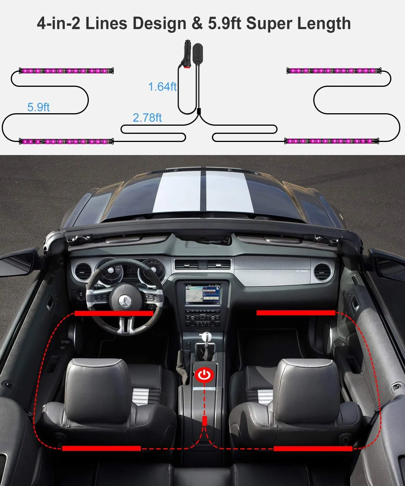 Interior Car Lights, Govee Car LED Strip Light Upgrade Two-Line Design Waterproof 4pcs 48 LED APP Controller Lighting Kits, Multi DIY Color Music Under Dash Car Lighting with Car Charger, DC 12V