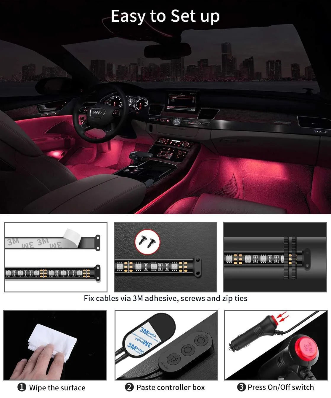 Interior Car Lights, Govee Car LED Strip Light Upgrade Two-Line Design Waterproof 4pcs 48 LED APP Controller Lighting Kits, Multi DIY Color Music Under Dash Car Lighting with Car Charger, DC 12V