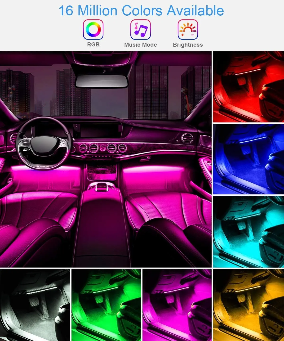 Interior Car Lights, Govee Car LED Strip Light Upgrade Two-Line Design Waterproof 4pcs 48 LED APP Controller Lighting Kits, Multi DIY Color Music Under Dash Car Lighting with Car Charger, DC 12V