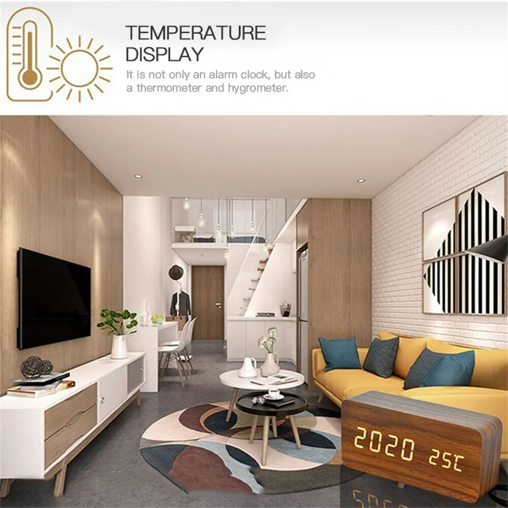 LED Digital Wooden Alarm Clock with Temperature Display