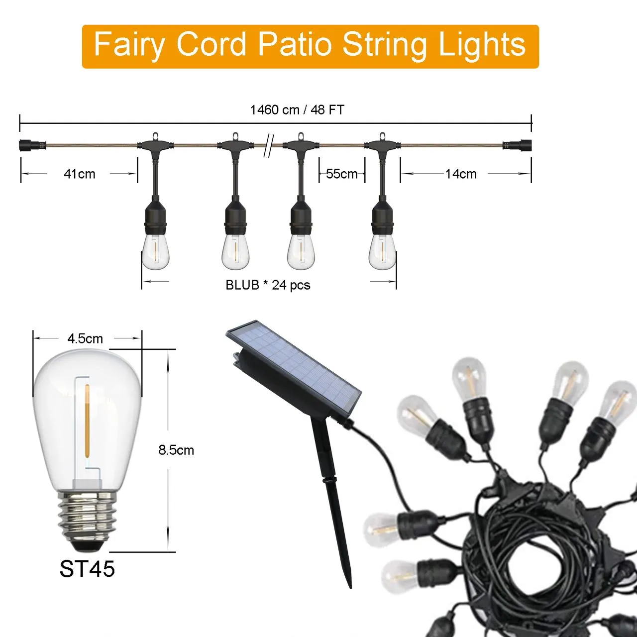 LED Festoon Lights Outdoor -  15.0 meter Commercial Grade IP65 Weatherproof Lights with 24 Shatterproof LED Bulbs for Xmas