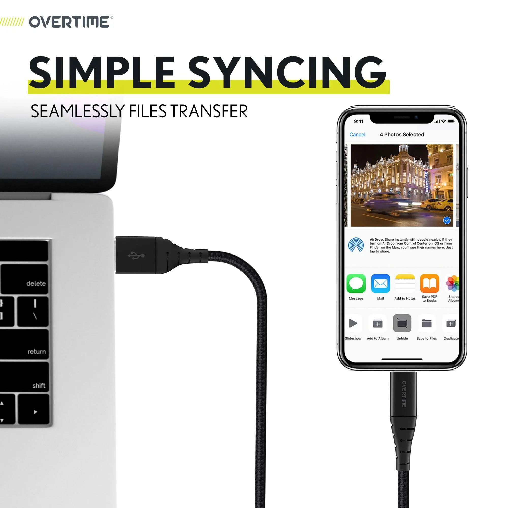 Overtime Apple Mfi Certified iPhone Charger 10ft Extra Long Nylon Braided Lightning Cable - Black