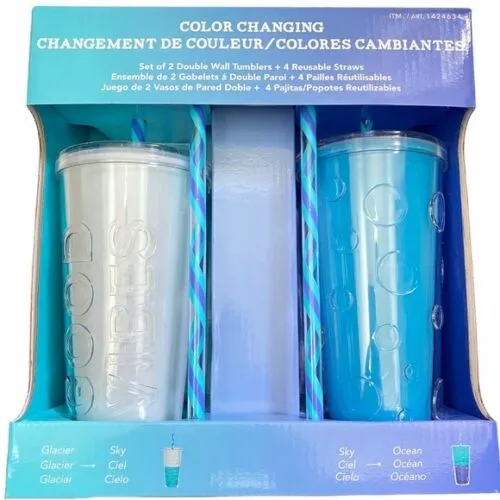 Parker Lane Color Changing Double Wall Straw Tumblers, 22OZ (White & Blue available)