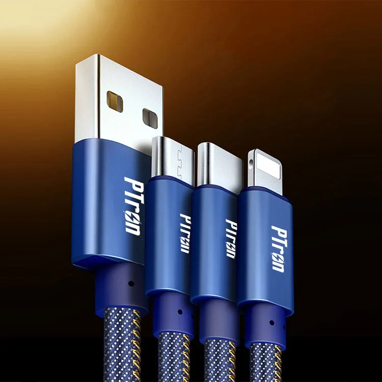 PTron Indigo 2A 3 In 1 Sync Charging Cable Jeans Cloth USB Data Cable For Smartphones (Blue)