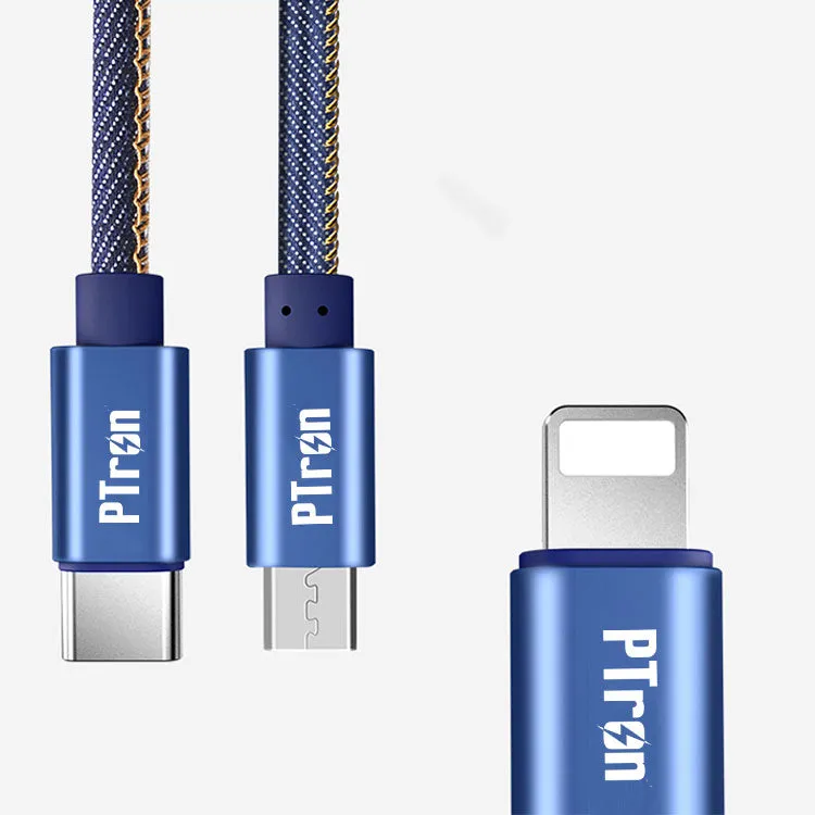 PTron Indigo 2A 3 In 1 Sync Charging Cable Jeans Cloth USB Data Cable For Smartphones (Blue)