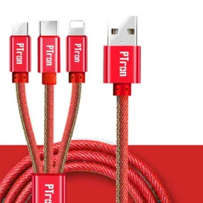 PTron Indigo 2A 3 In 1 Sync Charging Cable Jeans Cloth USB Data Cable For Smartphones (Red)