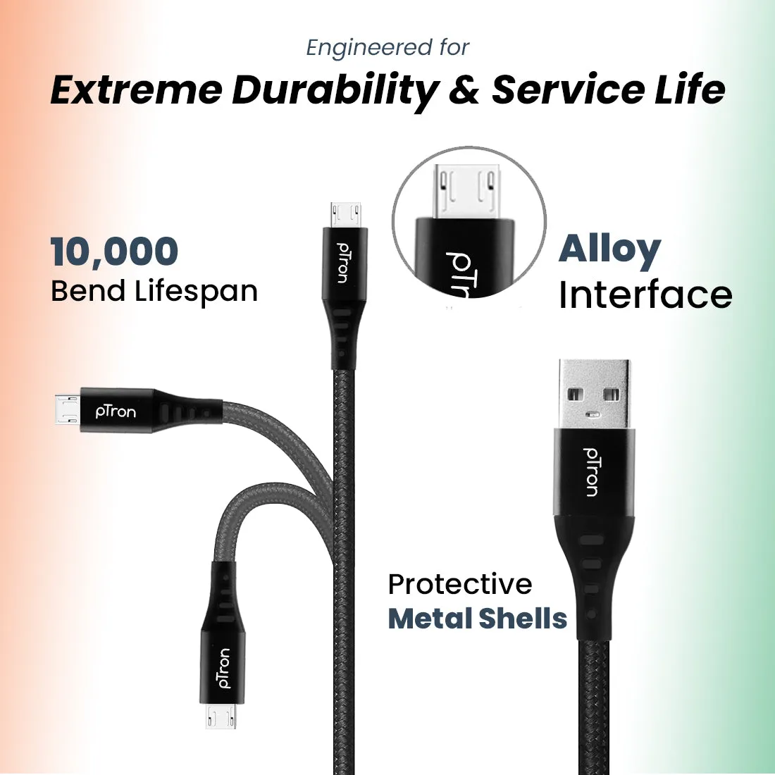 pTron Solero MB301 3A Micro USB Data & Charging Cable, Made in India, 480Mbps Data Sync, Strong & Durable 1.5 m Nylon Braided USB Cable for Micro USB Devices - (Black)