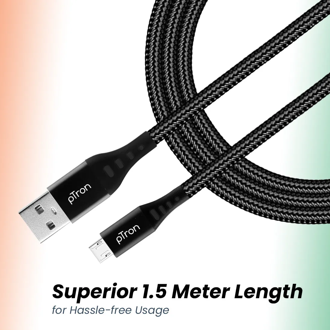 pTron Solero MB301 3A Micro USB Data & Charging Cable, Made in India, 480Mbps Data Sync, Strong & Durable 1.5 m Nylon Braided USB Cable for Micro USB Devices - (Black)