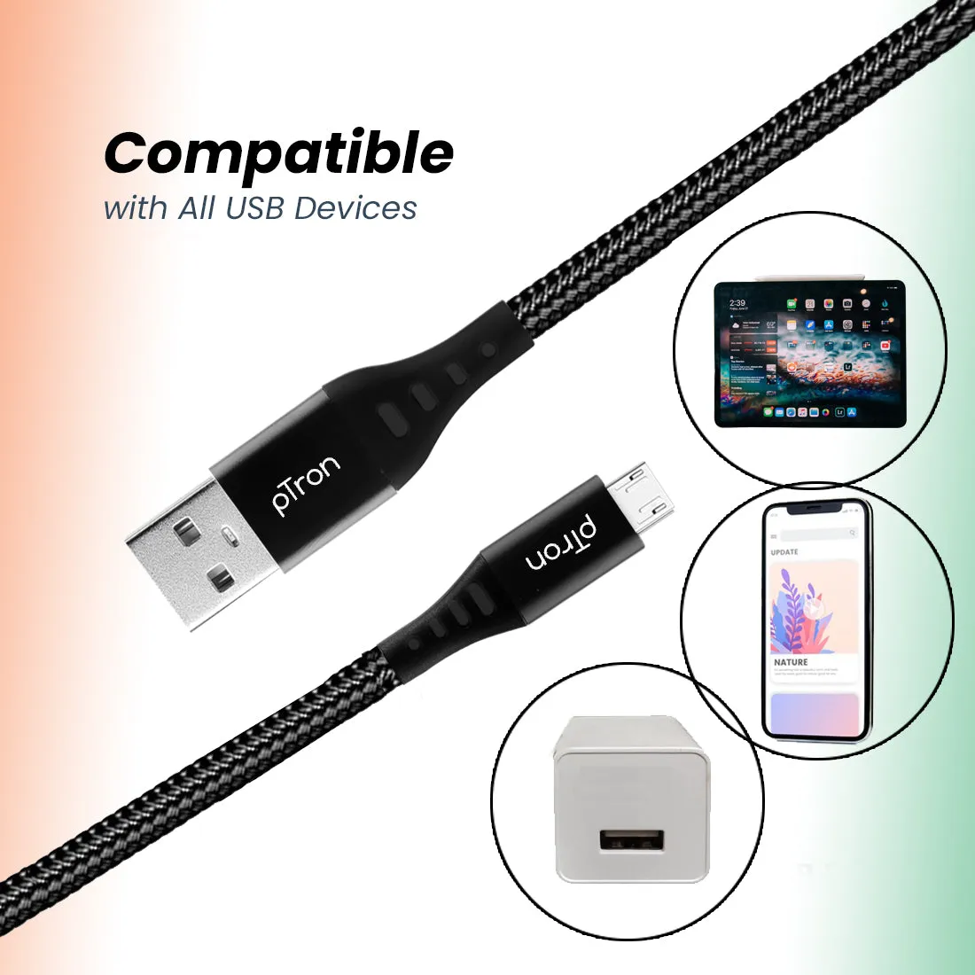 pTron Solero MB301 3A Micro USB Data & Charging Cable, Made in India, 480Mbps Data Sync, Strong & Durable 1.5 m Nylon Braided USB Cable for Micro USB Devices - (Black)