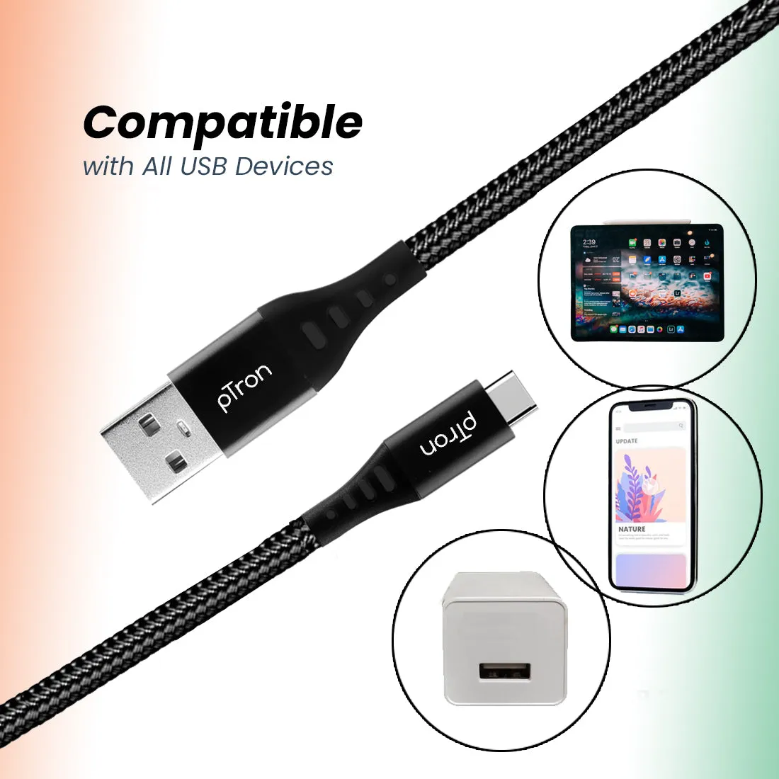 pTron Solero TB301 3A Type-C Data & Fast Charging Cable, Made in India, 480Mbps Data Sync, Strong & Durable 1.5 m Nylon Braided USB Cable for Type-C Devices - (Black)