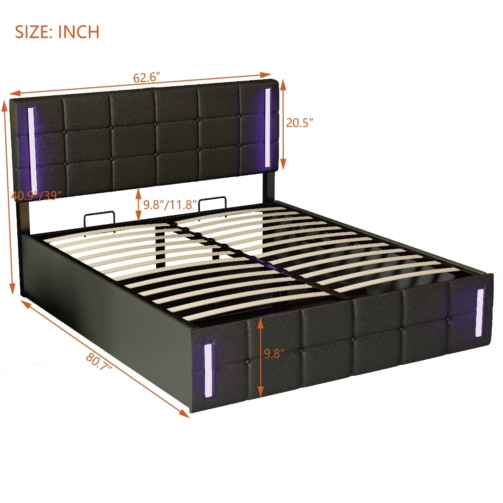 Queen Size Upholstered Bed with LED Lights, Hydraulic Storage System, and USB Charging Station