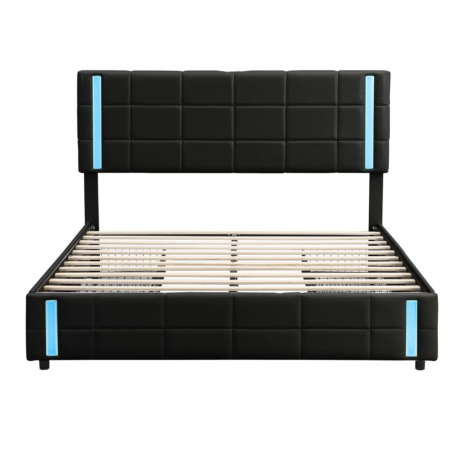 Queen Size Upholstered Platform Bed with LED Lights and USB Charging, Storage Bed with 4 Drawers
