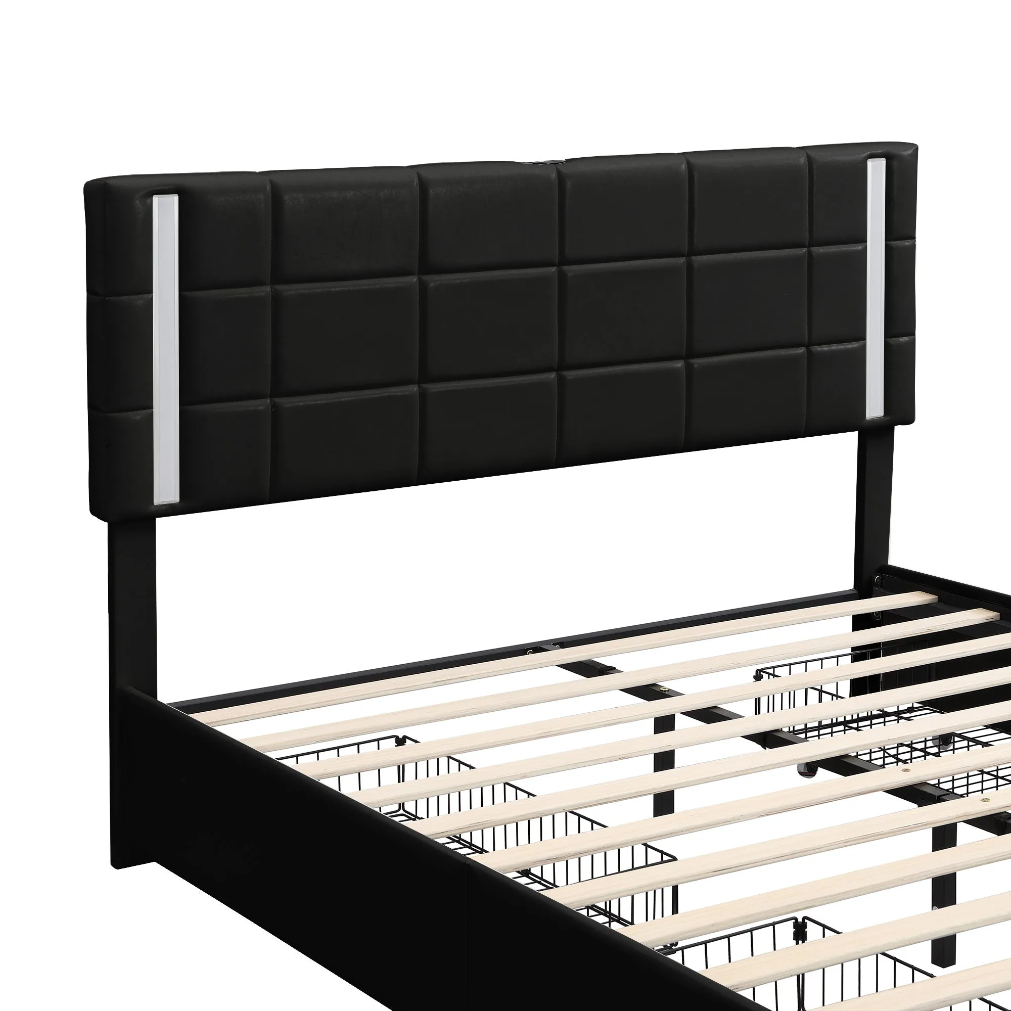 Queen Size Upholstered Platform Bed with LED Lights and USB Charging, Storage Bed with 4 Drawers