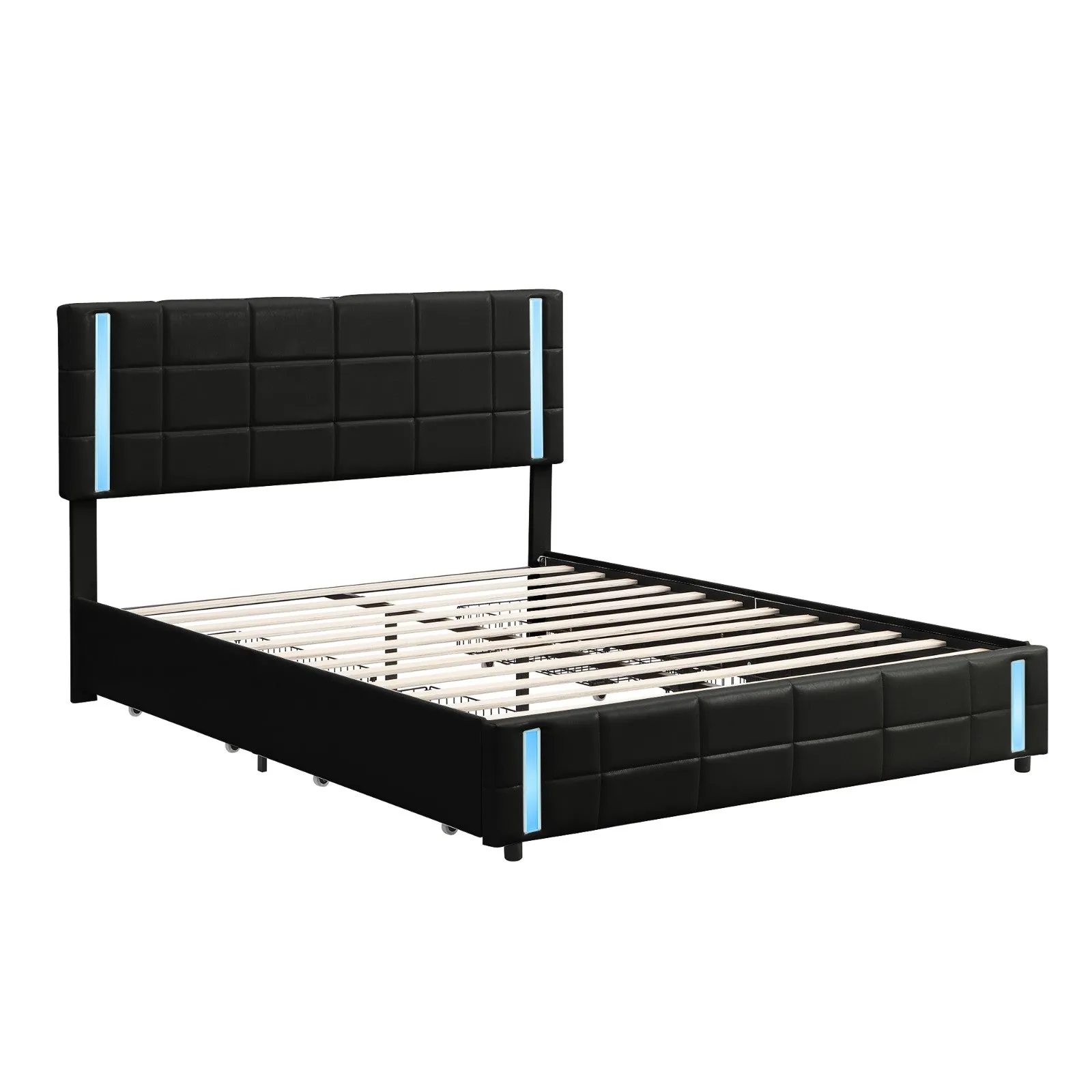 Queen Size Upholstered Platform Bed with LED Lights and USB Charging, Storage Bed with 4 Drawers