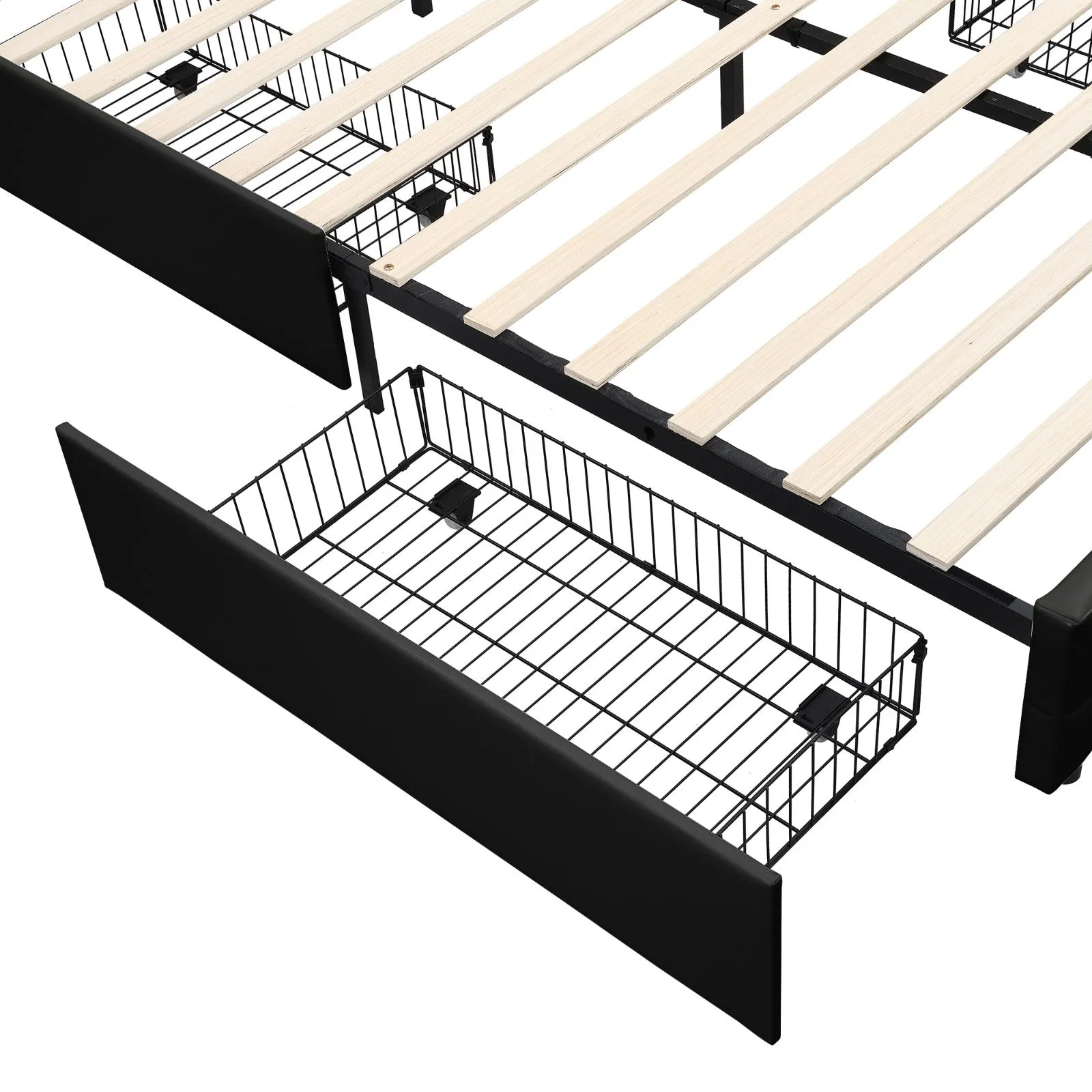 Queen Size Upholstered Platform Bed with LED Lights and USB Charging, Storage Bed with 4 Drawers