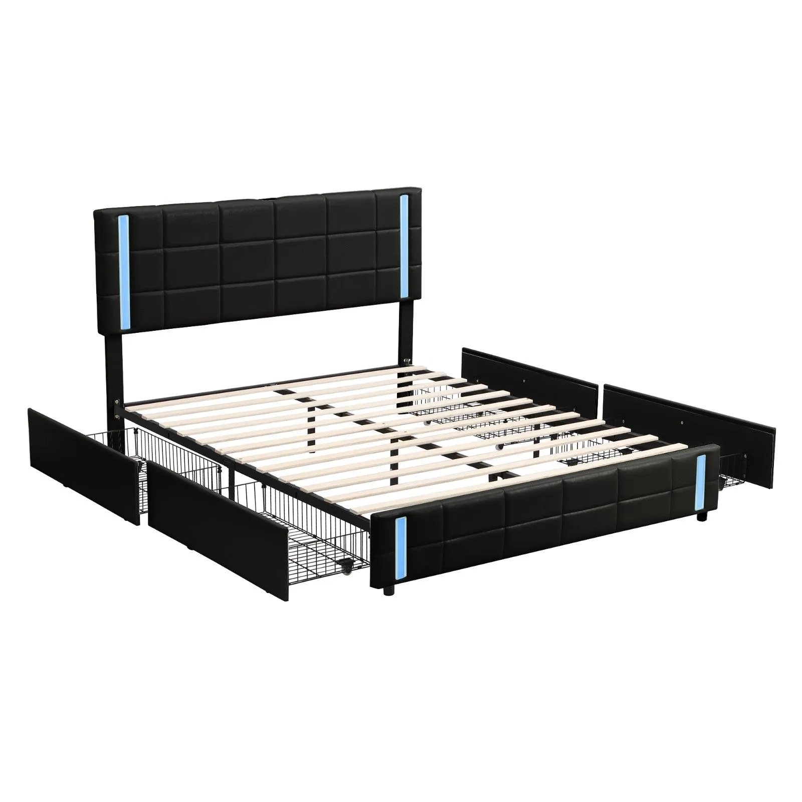 Queen Size Upholstered Platform Bed with LED Lights and USB Charging, Storage Bed with 4 Drawers