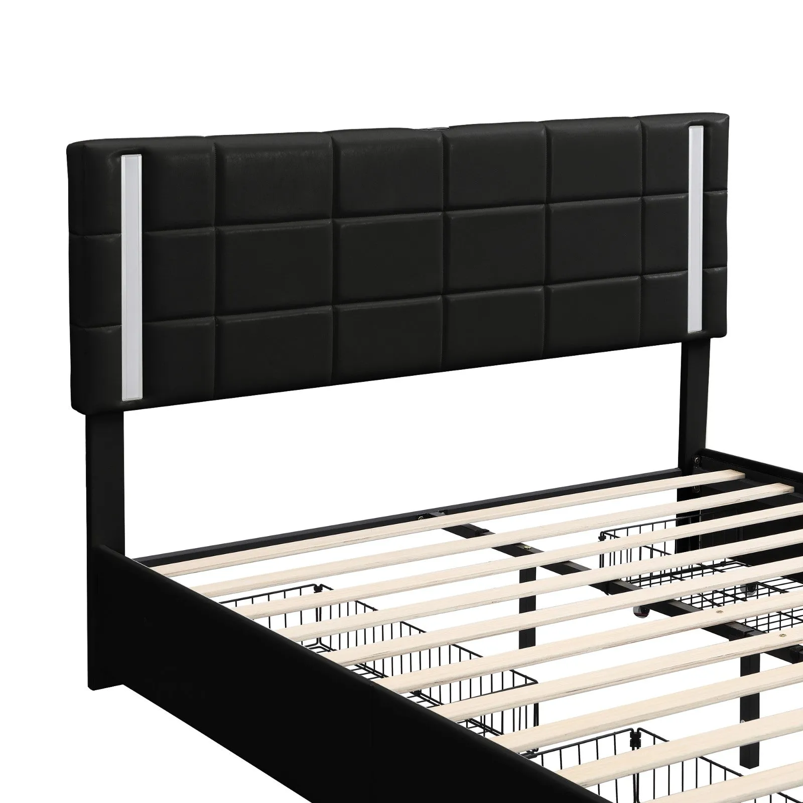 Queen Size Upholstered Platform Bed with LED Lights and USB Charging, Storage Bed with 4 Drawers
