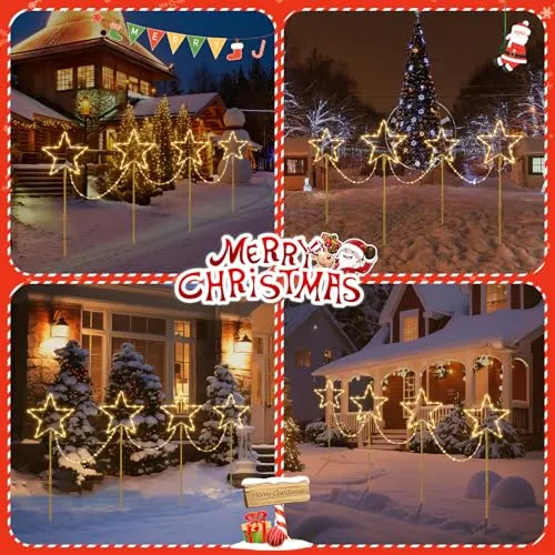 Quntis 4 Pack LED Christmas Pathway Lights Christmas Star Lights Battery Powered Garden Stake Lights with Colour Changing 8 Modes Timer IP65 Waterproof for Xmas Holiday Path Yard Lawn Decoration
