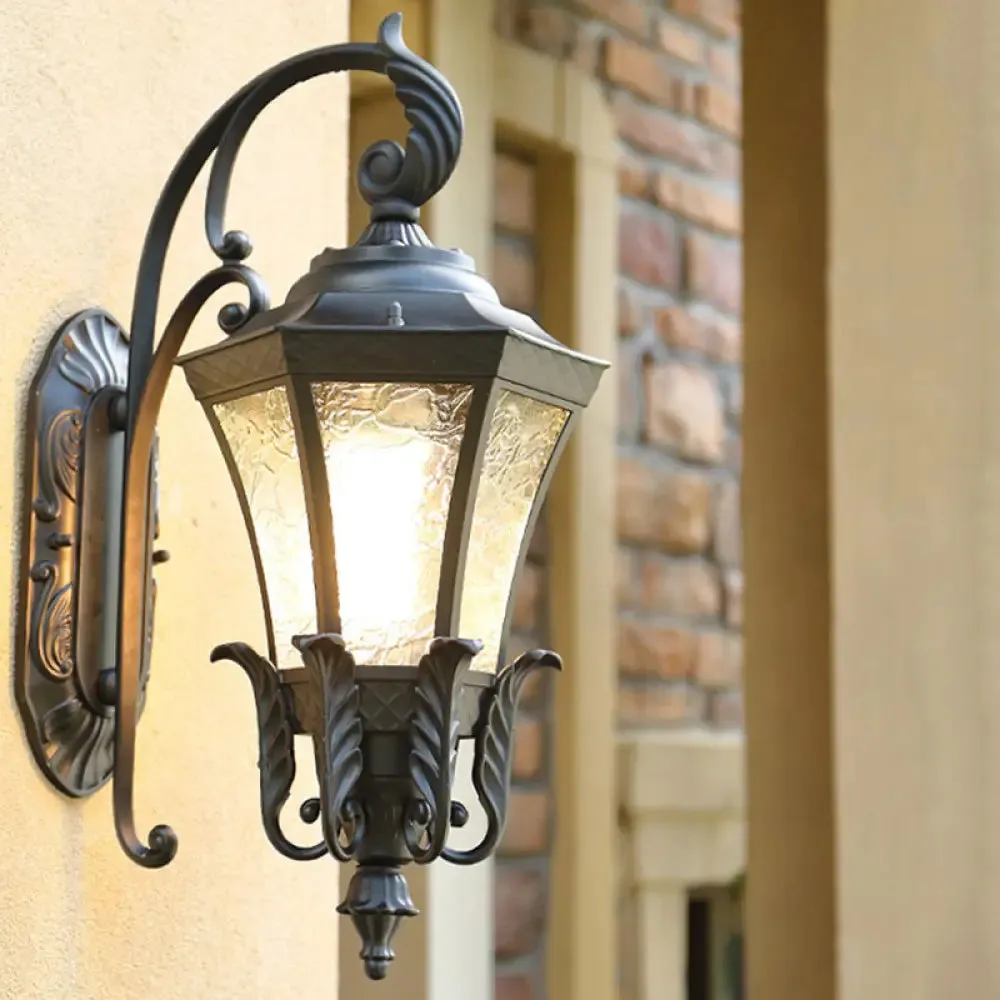 Retro Aluminium Hexagon Outdoor Wall Mount Light with Textured Glass Shade